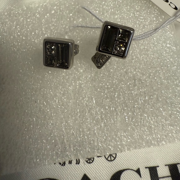 Coach Platinum Tone Geometric Crystal Stud Earrings | New with Dust Bag - Picture 3 of 6